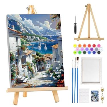 Imagem de MOGTAA Kit de pintura por números Coastal Town para adultos iniciantes com moldura, montanhas e mar, kits de pintura por números em tela com cavalete, kits de pintura a óleo DIY fáceis para decoração