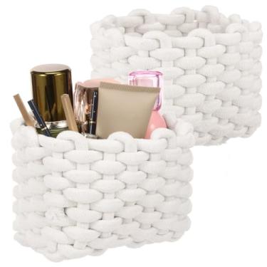 Imagem de YLMFTNU 2 peças de suporte de cabeceira quadrado fofo, cesta de tecido de corda de algodão, cesta quadrada de armazenamento pequena, organizador de cesta decorativa para prateleiras, banheiro, cômoda
