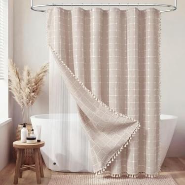 Imagem de BTTN Cortina de chuveiro 3 em 1 com forro PEVA, conjunto de cortina de chuveiro de tecido de linho Tan Boho com gancho de plástico, cortina de chuveiro de pano impermeável para banheiro, marrom
