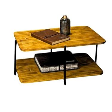 Imagem de Mesa de centro retangular moderna, tampo em madeira maciça escura, pés em ferro preto, adequada para salas de estar e escritórios