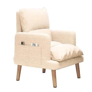 Imagem de AkosOL Modn Cadeira de sala de estar, móveis, cadeira de leitura, cadeira de TV, assento acolchoado macio, pernas de madeira elevadas, poltrona para adultos, poltrona lateral, branco, branco