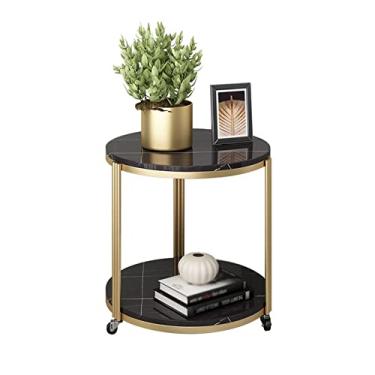 Imagem de UWEREBFM Mesa lateral redonda pequena mesa lateral escritório sala de estar removível mesa de centro quarto mesa de cabeceira mesa de canto duplo armazenamento com rodas mesa lateral para