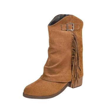 Imagem de Botas femininas casuais de cano curto com borla, material de camurça, salto redondo para conforto no inverno e estilo versátil, Marrom, 34