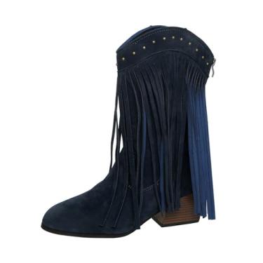 Imagem de Botas femininas de bico fino rebite salto médio borla tornozelo estilo britânico casual moda botas, Azul royal, 35