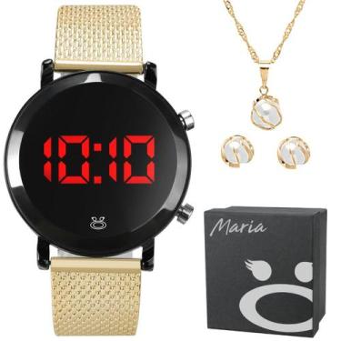 Imagem de Caixa + colar brinco + relogio feminino digital aço inox dourado redon