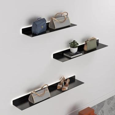 Imagem de Prateleiras de parede flutuantes, prateleiras de exibição montadas na parede, prateleiras de parede flutuantes com luz quente de LED para decoração de sala de estar, planta de armazenamento ou estante