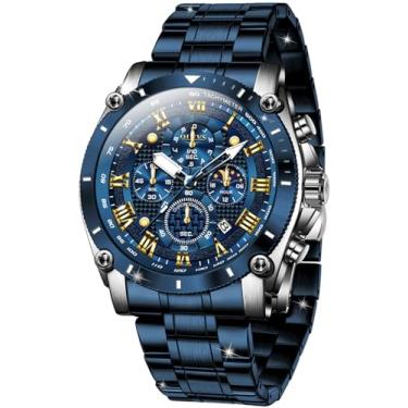 Imagem de OLEVS Relógio de pulso masculino elegante com mostrador grande, luxuoso, lua fase, dois tons, aço inoxidável, impermeável, original, calendário de negócios, G3689: pulseira azul e mostrador azul