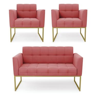 Imagem de Kit 1 Sofá Namoradeira E 2 Poltronas Elisa Suede Rosê Base Metálica Industrial Dourada D'rossi