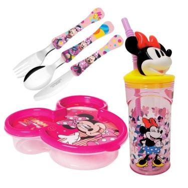 Imagem de Kit Lancheira Infantil Minnie Disney 5 Peças Pote com Tampa, Copo 3D e Talheres