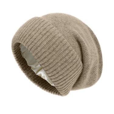Imagem de Gorro Feminino De Inverno Em Cashmere Com Forro De Cetim, Tricotado, M