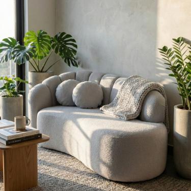 Imagem de Sofá Curvo 3 Lugares Orgânico Confortável Serena Boucle Cinza Claro - Montanari`s Decor