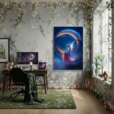 Imagem de Quadro Decorativo Fada Sentada Em Uma Lua Crescente -70x50cm