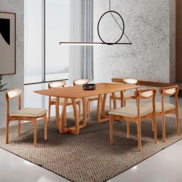 Imagem de Sala De Jantar Mesa Flora Tampo Barril E 6 Cadeiras Noronha Linho Off/