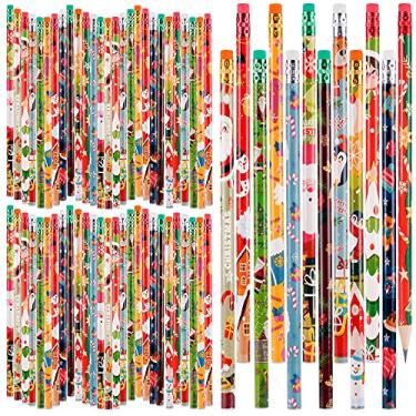 Imagem de 100 lápis de Natal para Natal, lápis de madeira com borracha, boneco de neve, Papai Noel e alce, lápis de Natal, 12 estilos (100)