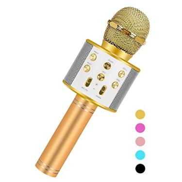 Imagem de Microfone de karaokê para crianças e adultos, microfone Bluetooth portátil para cantar, microfone sem fio azul com trocador de voz profissional para 3 4 5 6 7 8 anos + menino(Dourado)