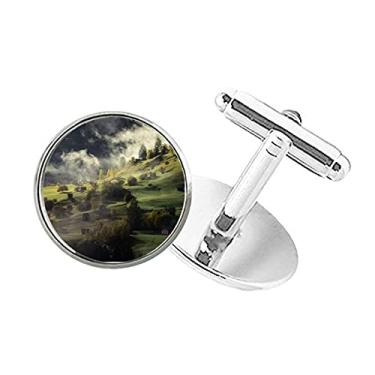 Imagem de DIYthinker Abotoaduras com clipe de botão redondo Village Fog Hill Paisagem Floresta