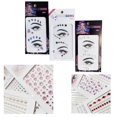Imagem de Adesivo Autocolante para Olhos Unha Cabelo e Rosto Face Jewels Carnaval e Festas - 3 Cartelas Sortidas
