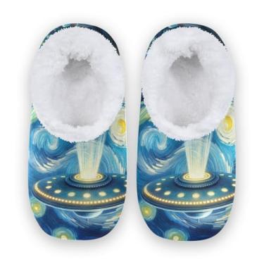 Imagem de CHIFIGNO Moon Base Sapatos masculinos para casa, chinelos masculinos tamanho 9, chinelos de casa para hóspedes M-XXL, Noite Estrelada Ufo de Van Gogh 2, X-Large