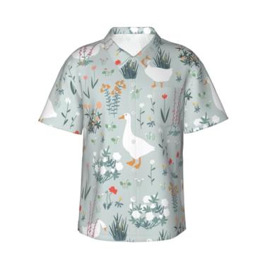 Imagem de Xiso Ver Camisa havaiana masculina manga curta casual camisa de praia casual de botão para festa de verão na praia, Flores de ganso e rabiscos, P
