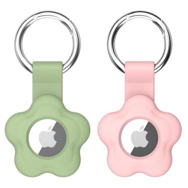 Imagem de Porta-chaveiro de flores compatível com Air Tag, capa rastreadora de silicone macio com chaveiro antiperda para animais de estimação, chaves, bolsas (rosa e verde)