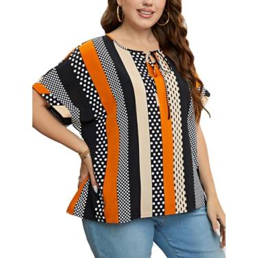 Imagem de CUPSHE Camisetas femininas de verão plus size, manga curta, casual, boêmio, Preto/laranja, GG Plus Size