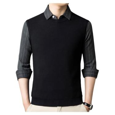Imagem de Suéter masculino de lã falso de duas peças, suéter de negócios, pulôver espesso, camisa polo de malha, Preto, 4G