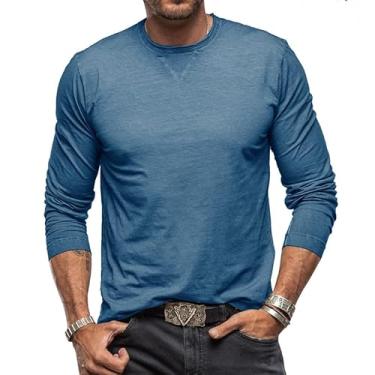 Imagem de Camiseta masculina outono e inverno nova cor sólida gola redonda manga comprida algodão puro camiseta masculina, Jeans azul, G