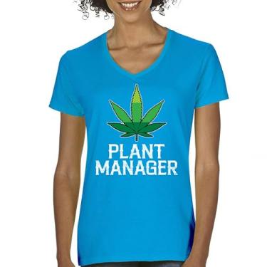 Imagem de Camiseta feminina Plant Manager gola V Funny Pot Leaf Smoking 420 Stoner IV XX Smoke Marijuana Stoned High Life Cannabis Tee, Turquesa, G