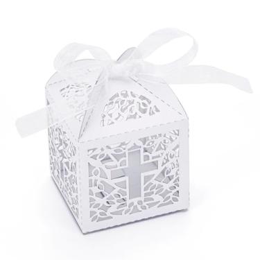 Imagem de sunohyesla Sunyesohla 50 caixas de lembrancinhas de batismo com fitas – design cruzado cortado a laser para decorações de batizado e primeira comunhão (5,6 x 5,6 x 8,4 cm, branco)