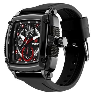Imagem de Relógio masculino quadrado, moderno, esportivo, multifunções, cronógrafo, quartzo, analógico, presente para homens, pulseira de borracha e pulseira de silicone, Preto, Casual