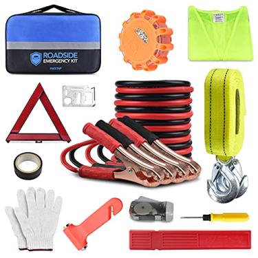 Imagem de PACETAP Kit de emergência de carro na estrada, kit essencial de ferramentas de assistência na estrada de segurança automotiva com LED sinalizador, cabos jumper, corda de reboque, triângulo e mais