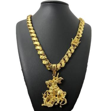 Imagem de Cordão Friso S 12mm Fecho São Jorge +Pingente Banhado a ouro - ToJoia1