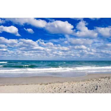 Imagem de Papel de parede AOFOTO fundo de praia de 2,4 m x 1,8 m, nuvens azuis e brancas, cenário de fotografia oceano tropical ilha litoral férias de verão, férias marinhas, viagens, crianças, casais, adultos, retratos, estúdio fotográfico
