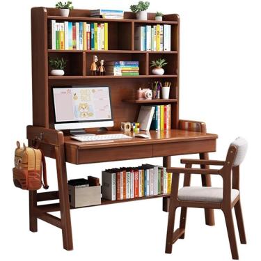 Imagem de Mesa em madeira maciça com boocase integrada, ideal para home office ou quarto,Nogueira+cadeira B,100x60x186cm