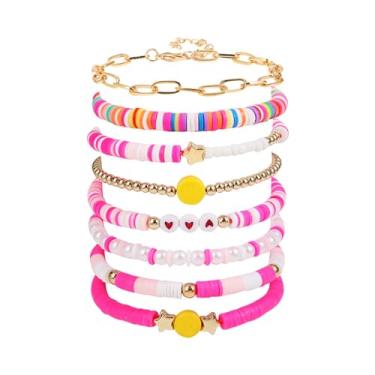 Imagem de COLORFUL BLING 5-12 peças pulseiras de contas de coração de amor boêmio para mulheres disco de vinil heishi surfista empilhável pulseira elástica verão praia boho joias, contas, Miçanga
