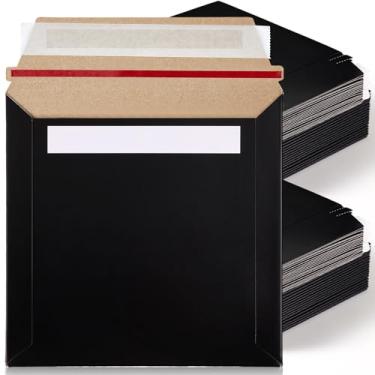 Imagem de Fainne 200 peças de envelopes rígidos de 15 x 15 cm, 400 g/m², mantidos planos, envelopes de papelão, envelopes, disco, DVD, CD com aba autoadesiva e tira de rasgar para foto (preta)