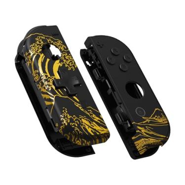 Imagem de eXtremeRate The Great Golden Wave Off Kanagawa – Caixa de controle portátil Joycon preta (versão D-Pad) com botões completos, capa de substituição para Nintendo Switch e OLED Joy-Con – Console sem