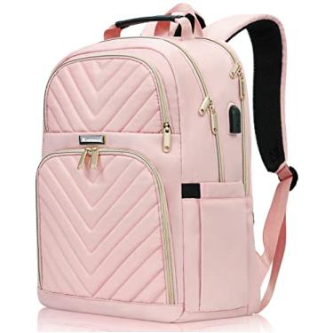 Imagem de Kuosdaz Mochila para mulheres, mochilas escolares para meninas adolescentes, mochila elegante e fofa para laptop, mochilas para professores universitários com porta de carregamento USB, rosa