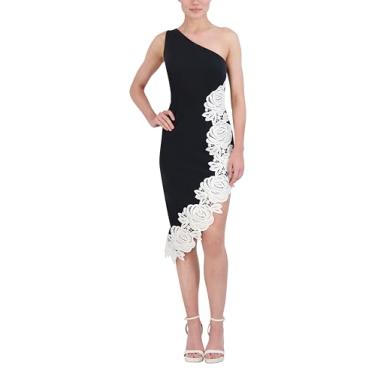 Imagem de BCBGMAXAZRIA Vestido de coquetel midi com aplique floral sem mangas de um ombro só, Combo preto, 38