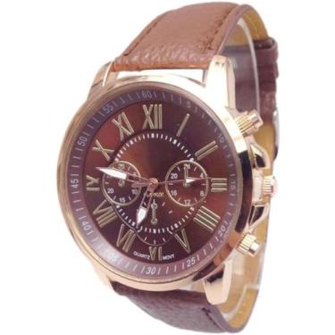 Imagem de Relógio feminino, moda feminina com algarismos romanos, pulseira de couro, analógico, relógio de pulso casual, vestido de quartzo, tom de ouro rosa, Marrom, Casual