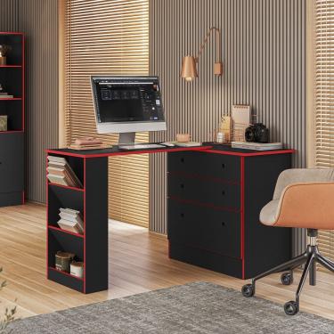 Imagem de Conjunto Cômoda com Mesa Giratória e Armário Gamer Preto Vermelho Qmovi