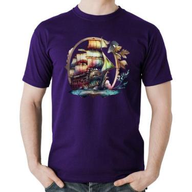 Imagem de Camiseta Algodão Navio e Flores - Foca na Moda, Roxo, GG
