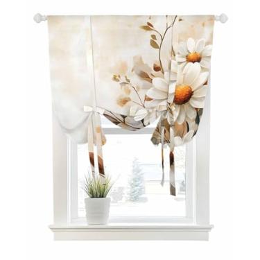 Imagem de Cortinas de amarrar para janelas flores retrô brancas com bolso de haste para amarrar persiana balão ajustável saia margarida arte floral em bege para quarto, cozinha, banheiro, persianas, 86 x 114 cm
