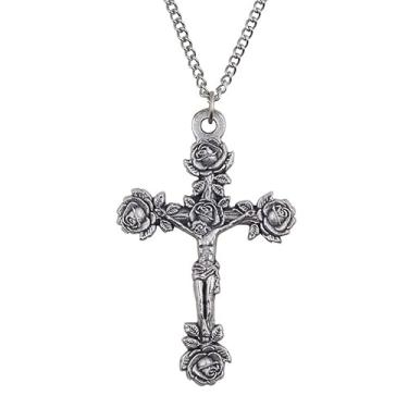 Imagem de Elysian Gift Shop Colar de cruz religiosa italiano feito com pingente de crucifixo plissado prata e corrente de 50,8 cm, Metal prateado, Sem Pedra Preciosa