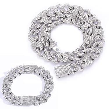 Imagem de EMESLY Corrente de elos cubanos Miami / Colar de prata (40, 46, 50, 56, 61, 76 cm); pulseira hip hop (comprimento de 20 cm) para homens e mulheres; joia perfeita para presente brilhante, 20.0 Inches,