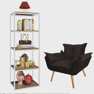 Imagem de Kit Poltrona Fatte com Estante Livreiro Ferro Branco mdf Nogal Suede Marrom - Ahazzo Móveis
