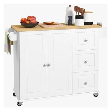 Imagem de Carrinho de Armazenamento Ilha de cozinha com folhas suspensas, carrinho de cozinha sobre rodas, gavetas, armário, prateleira de madeira para especiarias e toalheiro Carrinho de Armazenamento