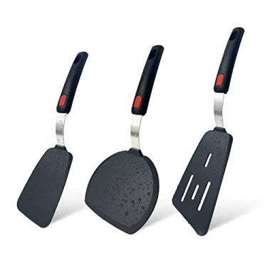 Imagem de Tenta Tenta Kitchen Conjunto de espátula de silicone flexível com 3 pacotes espátula de peixe ranhurada - 600F resistente ao calor, espátulas de torneiro com ranhuras largas, espátulas de omelete para inverter ovos, hambúrgueres, crepes etc., cinza/preto