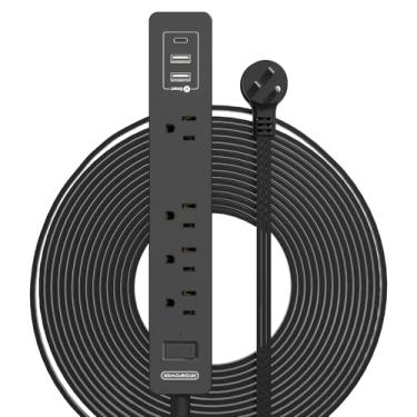 Imagem de Cabo de extensão plano de 15 pés, cabo de extensão plano ultrafino NTONPOWER sob o tapete, tapete, porta, tomada plana para tomada de tomada com 4 tomadas, 3 USB, proteção contra sobrecarga para