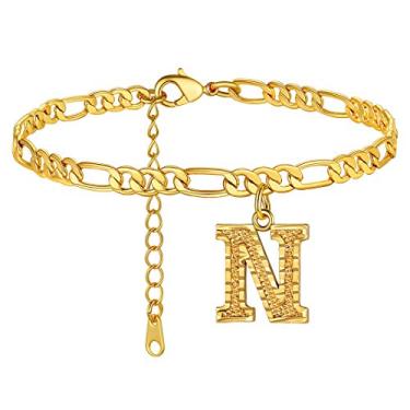 Imagem de Tornozeleiras GoldChic Jewelry com iniciais, personalizadas à prova d'água 4,5 mm de largura redimensionáveis 18K banhado a ouro corrente Figaro inicial letra tornozelo pulseiras para mulheres meninas joias de verão, 22-27 cm de comprimento